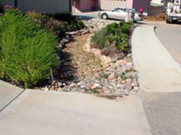 Rock lined drainage ditch with landscaping bushes